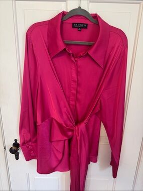 Eloquii Hot Pink Tie-Front Satin Blouse